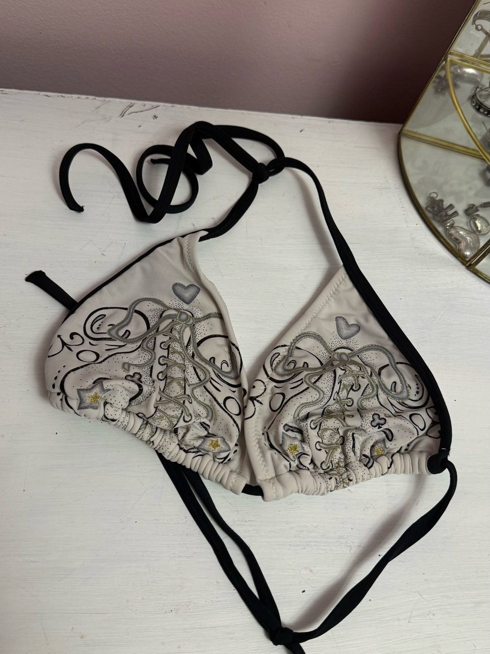 Women’s Off White Tattoo Style Embellished Triangle Bikini Top with Black Ties
